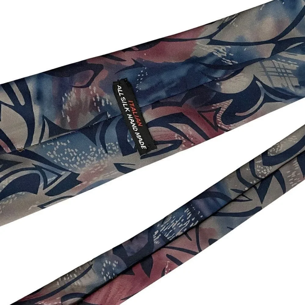 Grey red and blue abstract leaf pattern silk neck tie